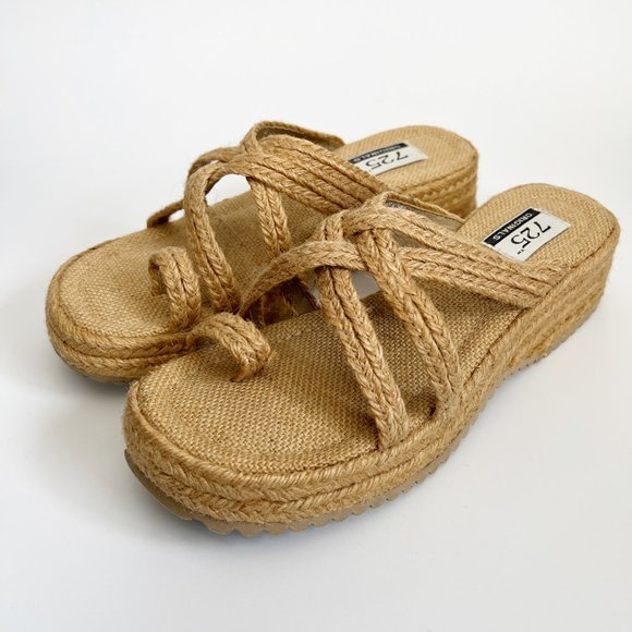 Vintage Rattan Woven Platform Heel Sandal Squared Toe Beach Summer 90s Y2K 2000s - Picture 2 of 7